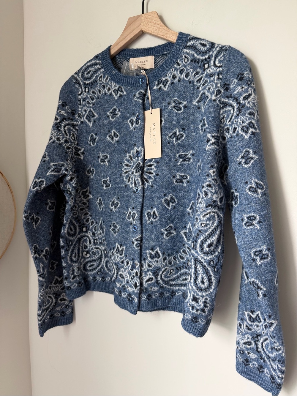 Blue white Paisley Knit Button Front Cardigan - Picture 2 of 7